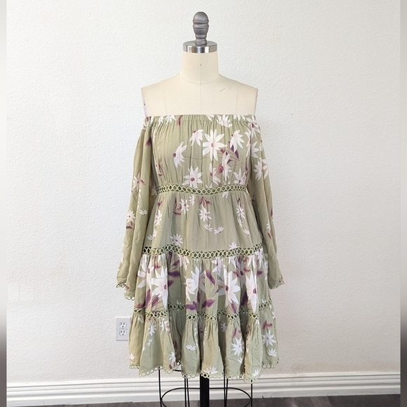 Jaase Floral Off Shoulder Bell Sleeve A Line Dress Green S bohemian boho chic - Picture 1 of 9